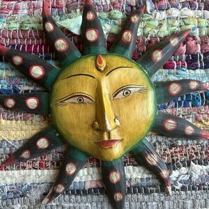 Vintage 90s 11.5" Handcarved Wooden Celestial Sun Wall Decor Indonesia Whimsy